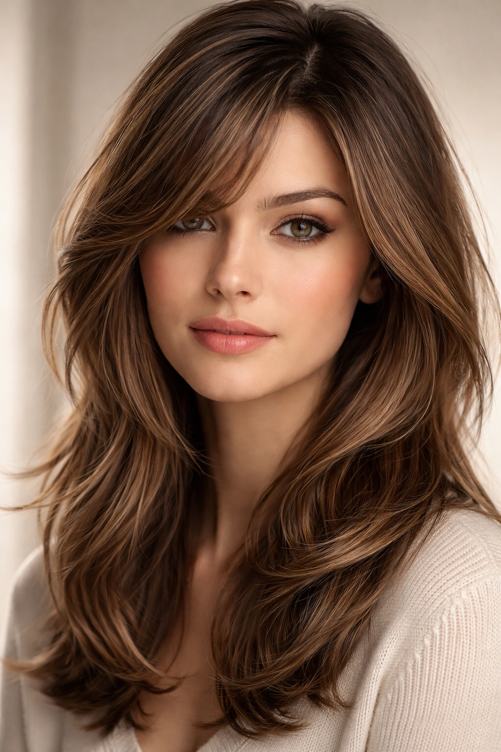10 Face Framing Bang Styles With A Side Part 7 Close-up of layered face-framing bangs with a side part showing multiple lengths.