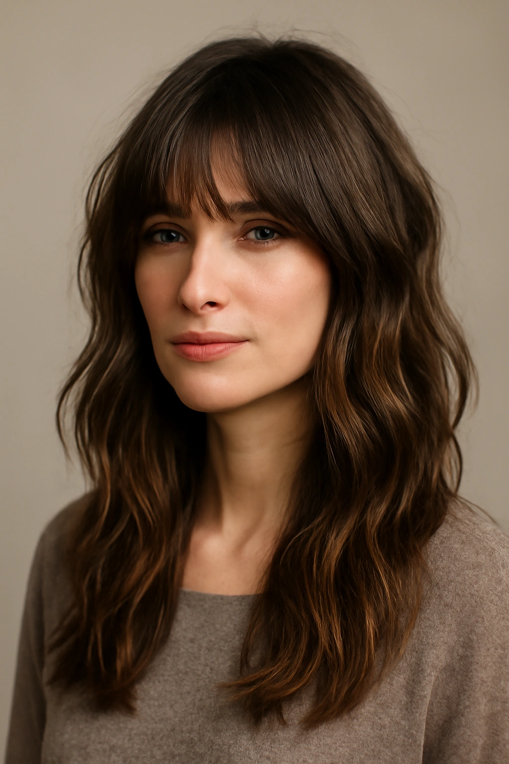 Portrait featuring layered bangs with textured waves