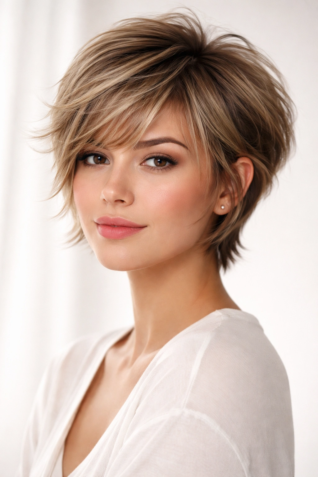 Layered bixie hairstyle with crown-height volume and soft layers framing the face