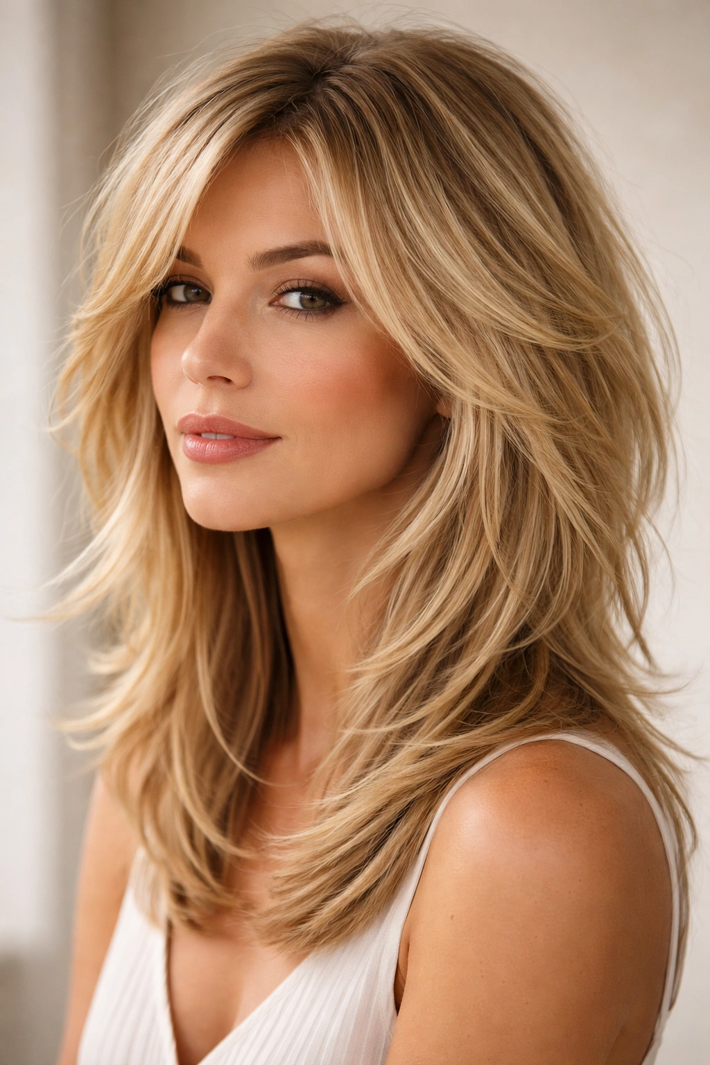 12 Short To Medium Layered Cuts To Ask For 10 Blonde layered shoulder-length hairstyle with textured layers catching light