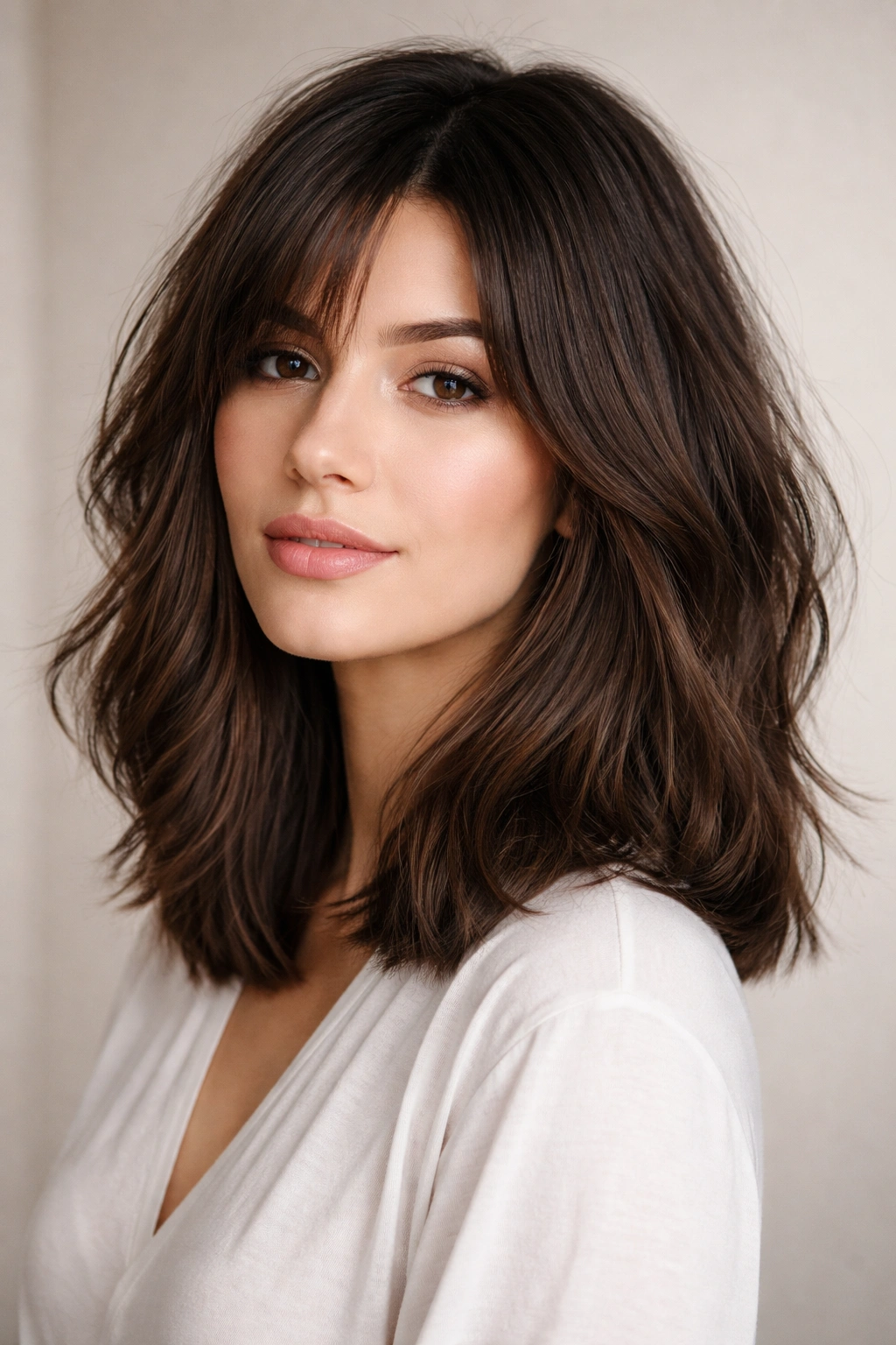 10 Low Maintenance Short Cuts For Thick Heavy Hair 8 Layered blunt lob hairstyle on thick hair showing a blunt bottom line and surrounding texture.