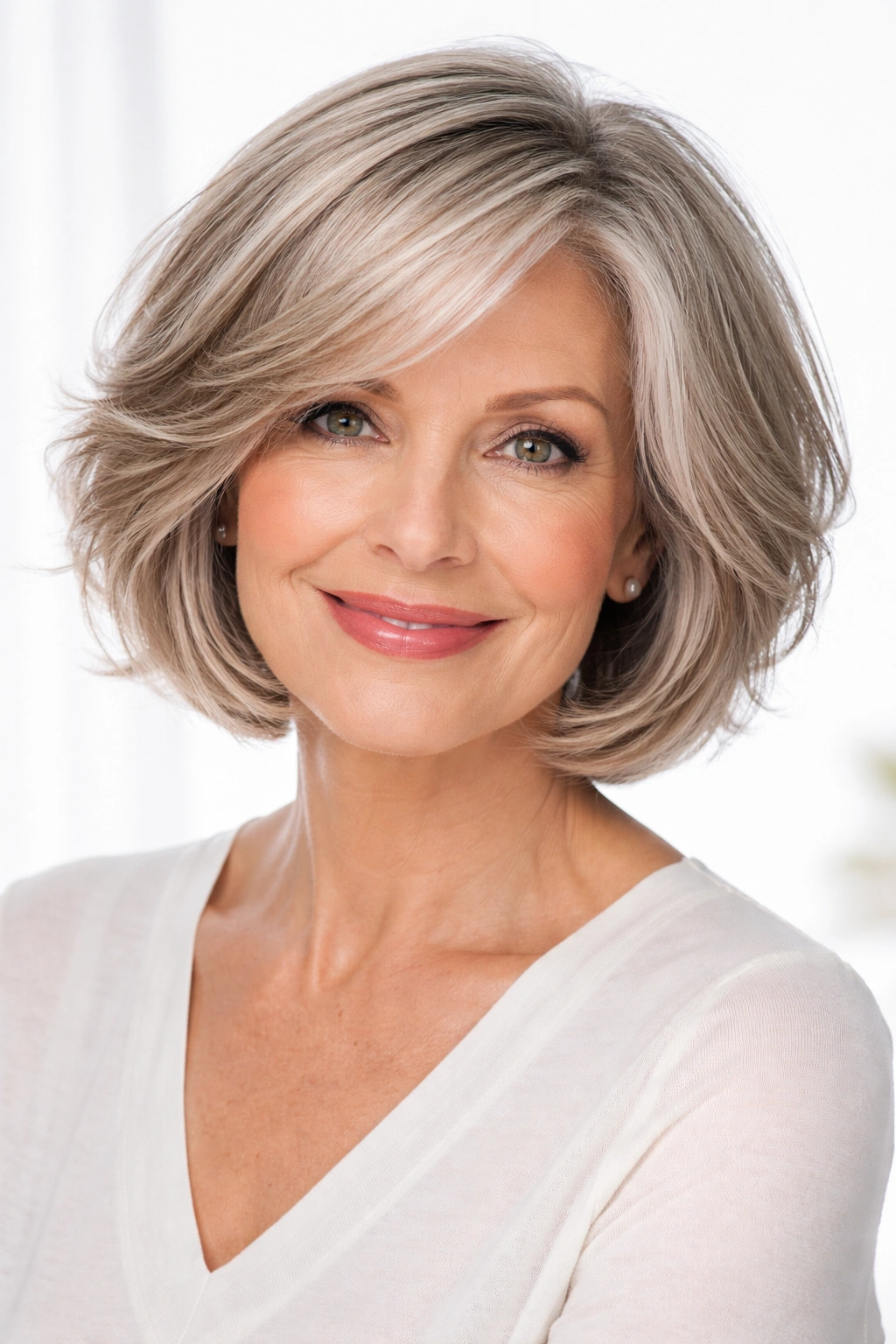 Layered bob on a woman over 60 showing movement and fullness