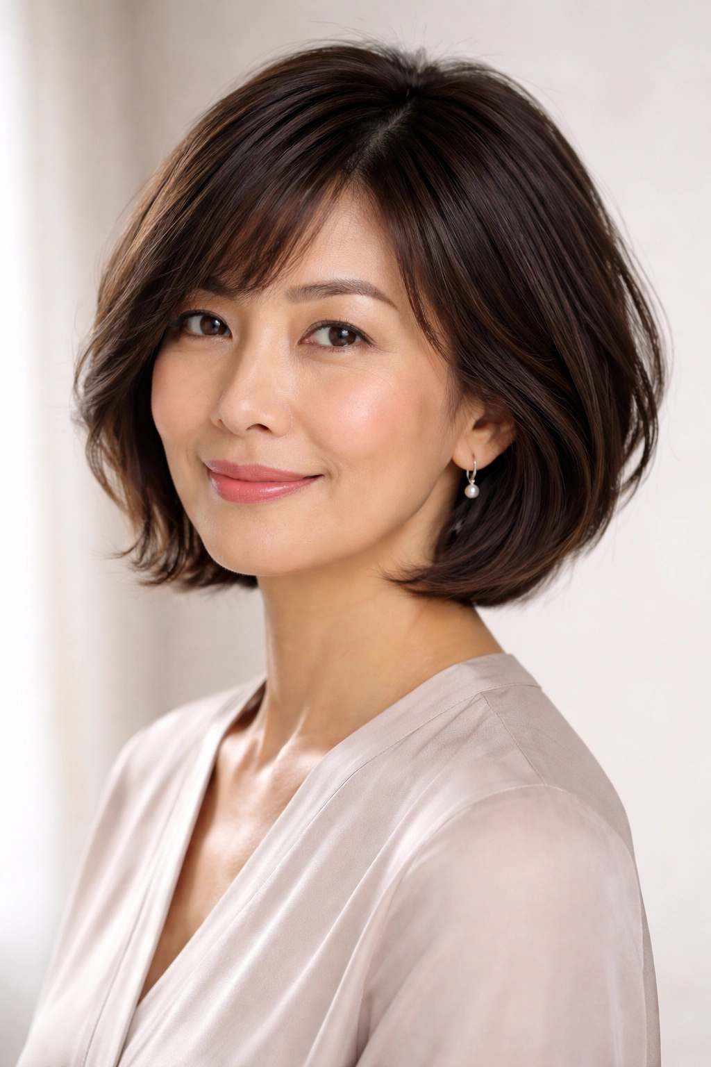 Portrait of an Asian woman over 50 with a layered classic bob framing cheekbones