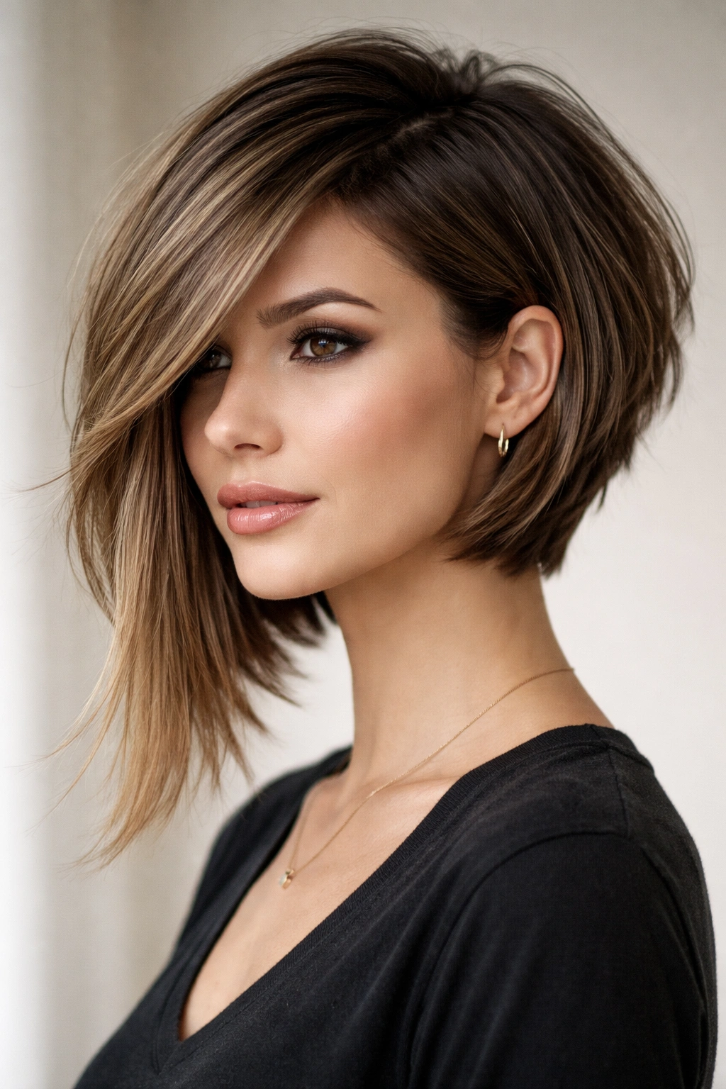 Portrait of a layered bob with a dramatically longer front on one side