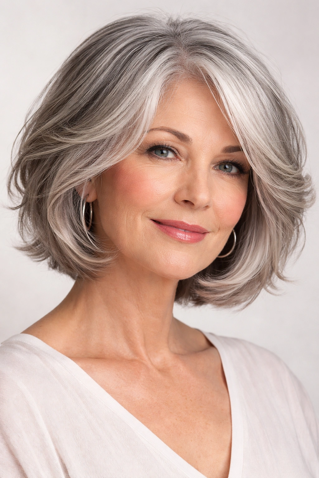 Soft layered bob with silver balayage highlighting natural waves for luminous dimension