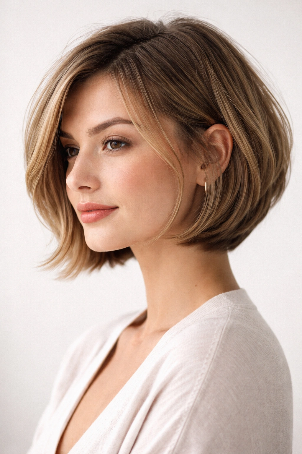 Three-quarter view of chin-length layered bob with movement