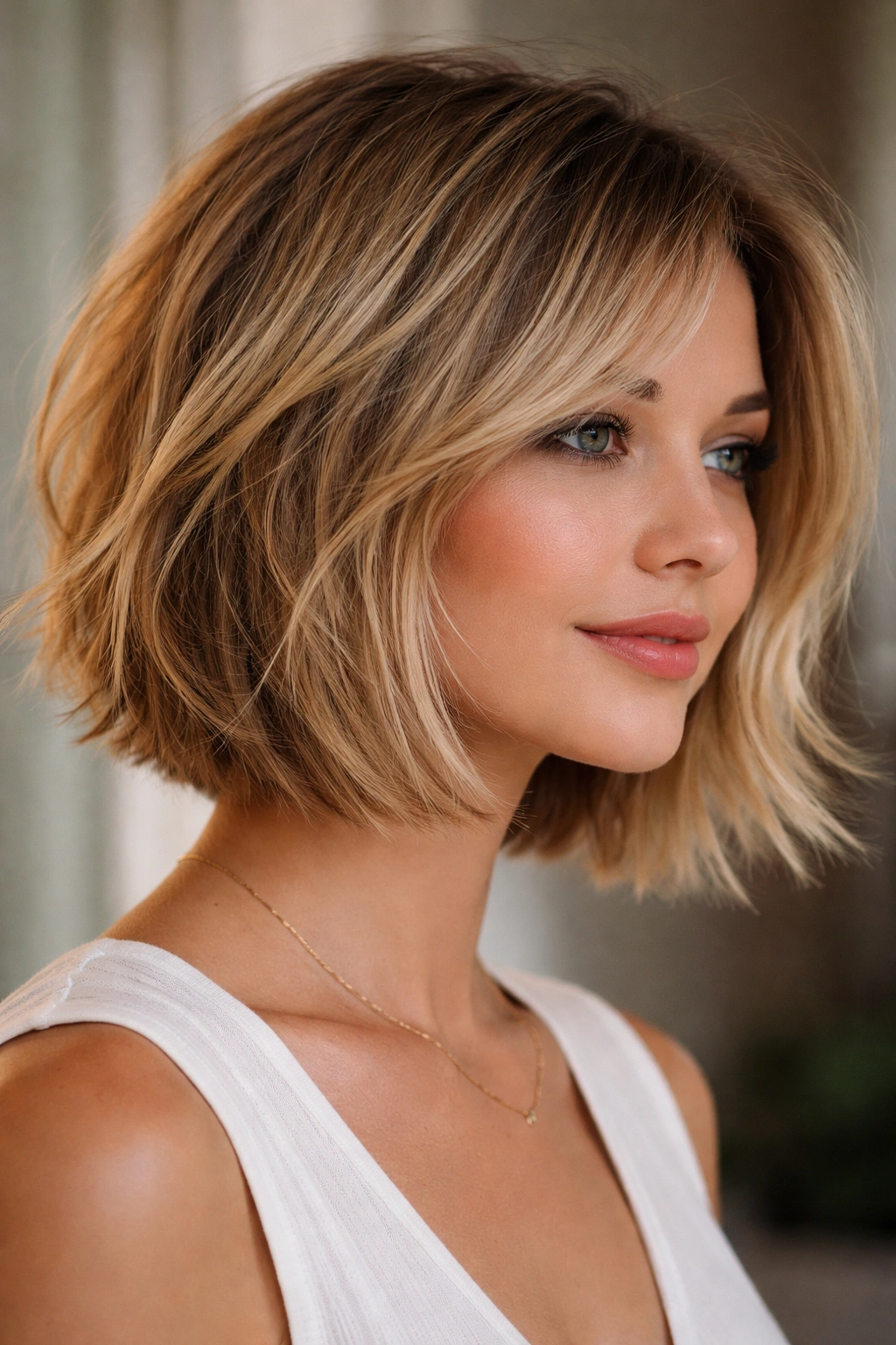 12 Choppy Layer Haircuts That Add Quick Volume 3 Chin-length layered bob with choppy ends and textured layers.