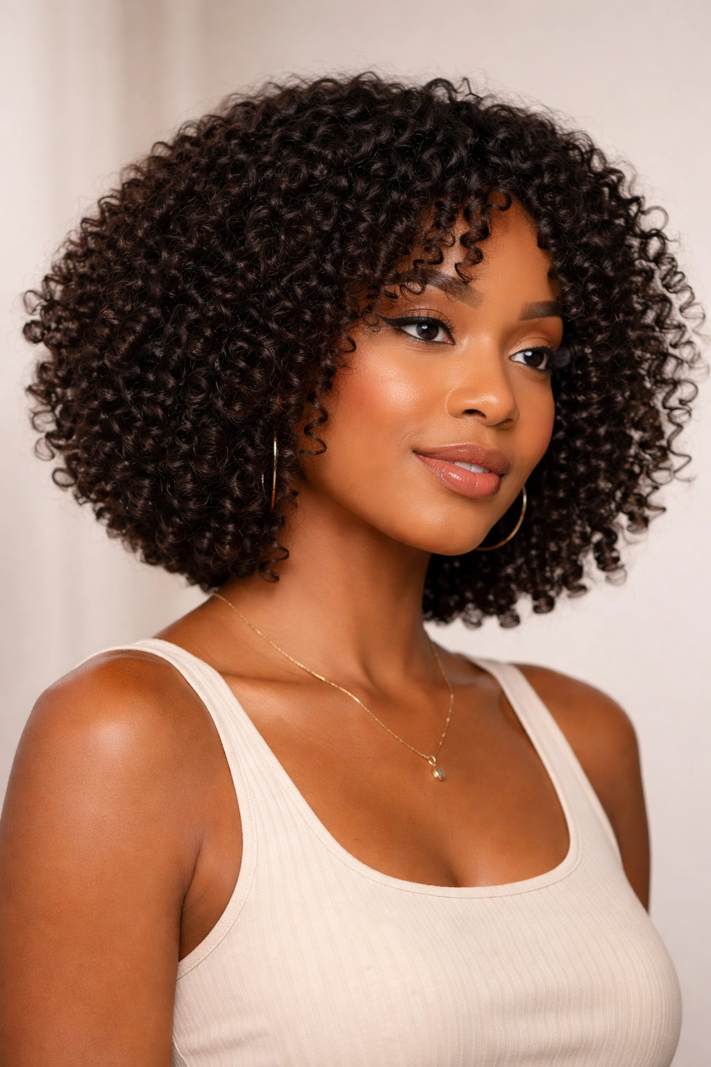 Front portrait of a person with a layered bob showing shoulder-length curls and defined layers.
