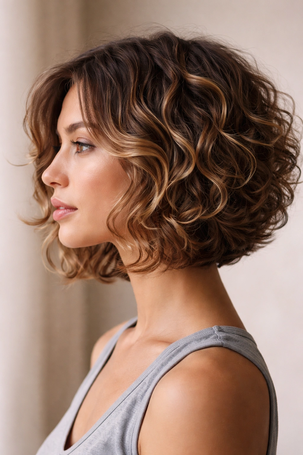 22 Curly Haircuts That Hold Their Shape All Day 4 Side-profile of layered bob with longer front face-framing pieces