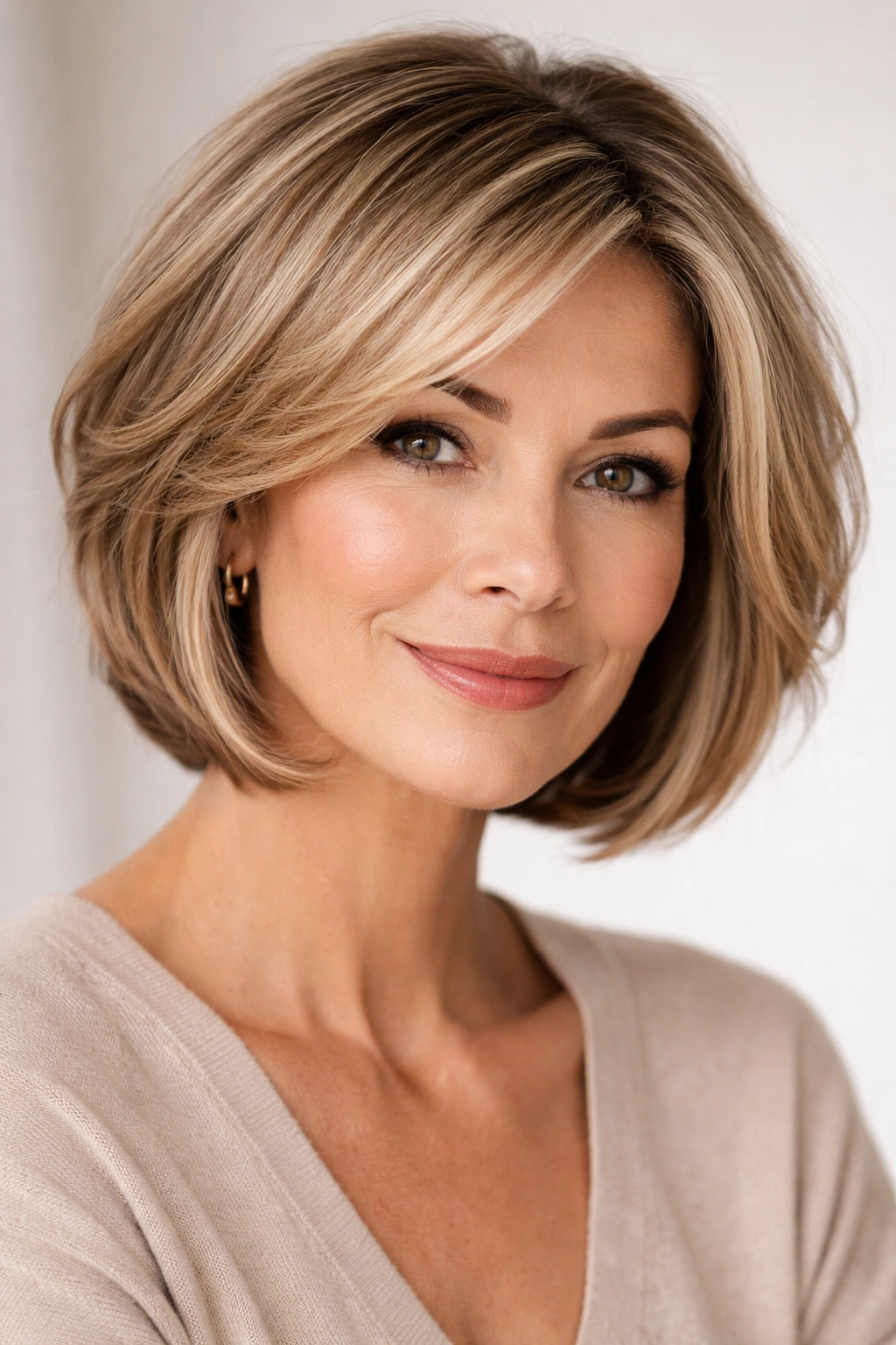 Close-up of a chin-length layered bob with face-framing pieces and soft movement