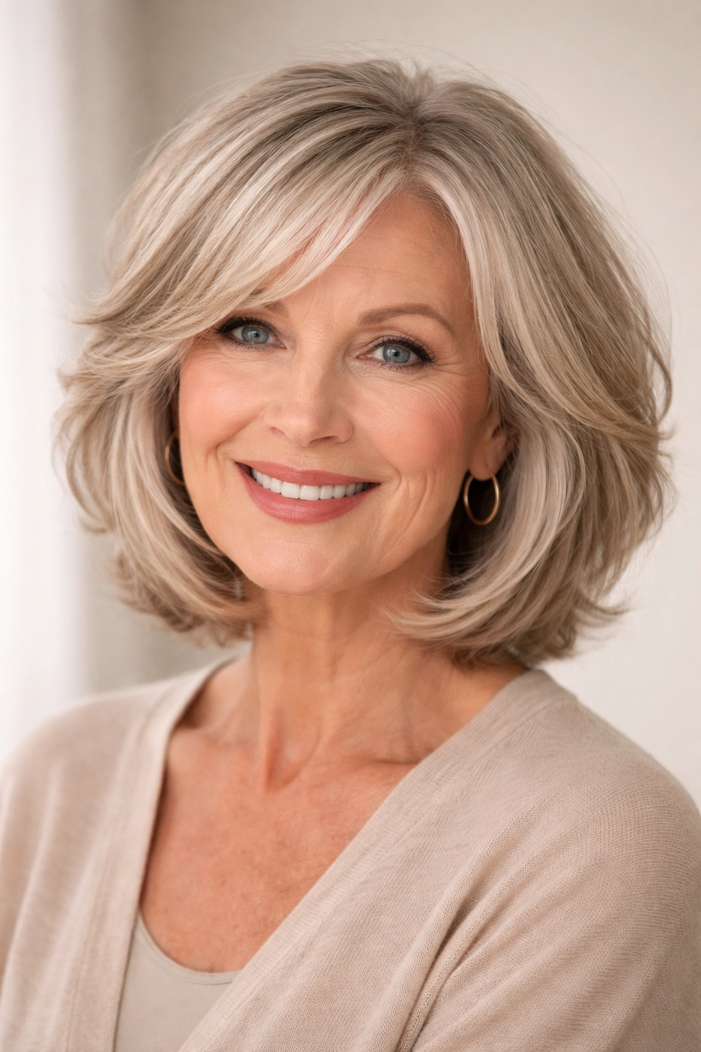 Layered bob with face-framing pieces on a thick-haired woman, showing texture and movement
