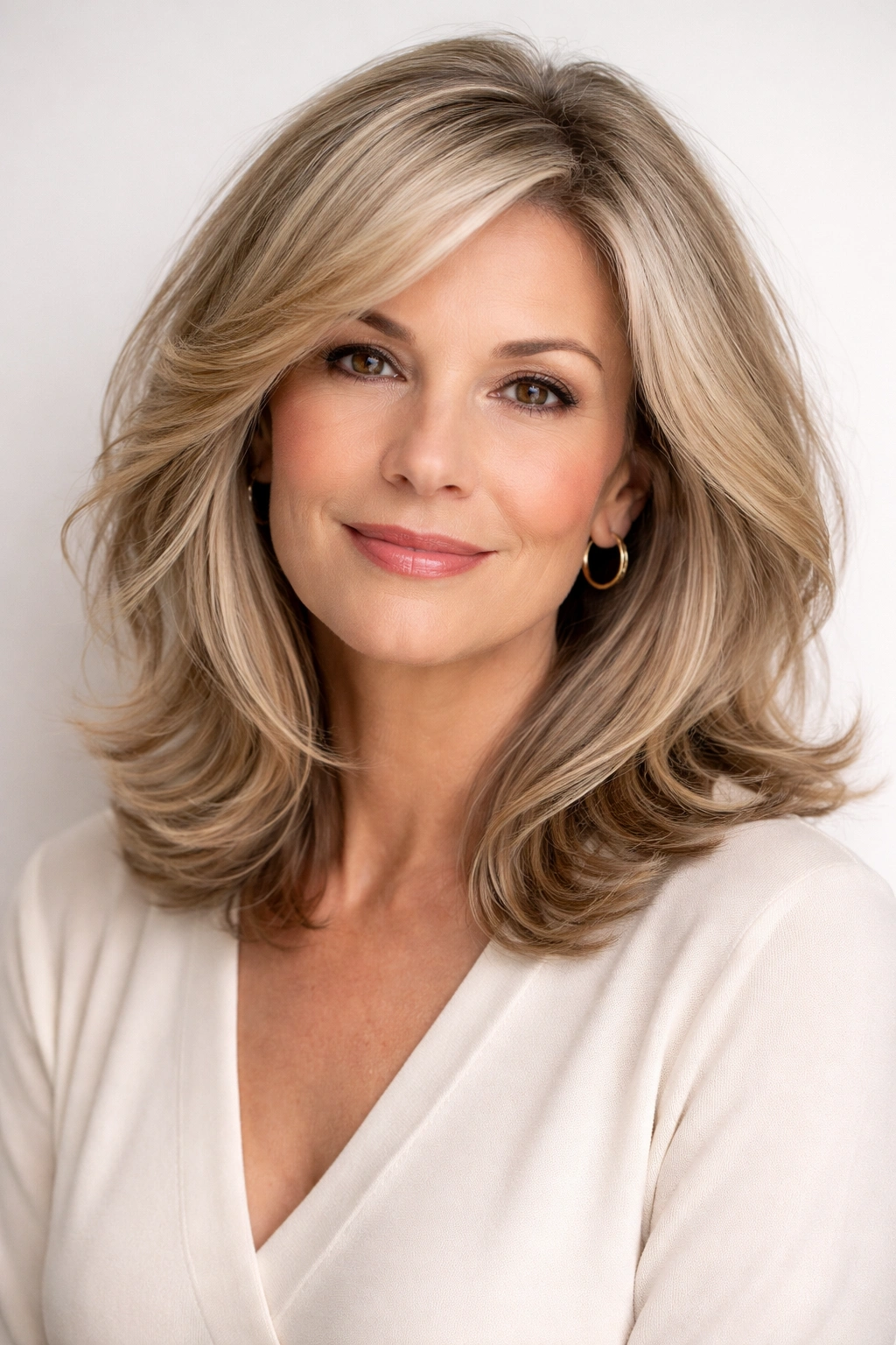 Portrait of a woman over 50 with a flattering face-framing hairstyle