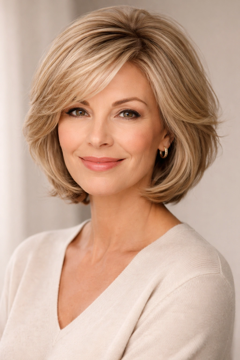 Portrait of a woman over 50 with a chin-length layered bob framing her face