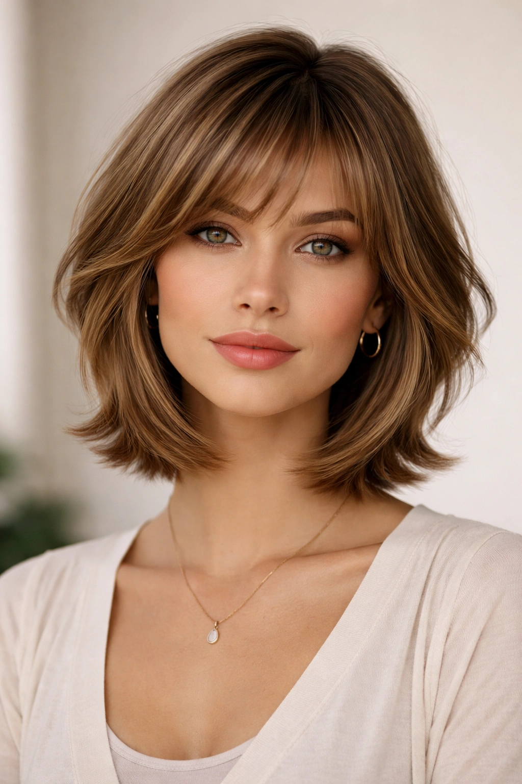 Layered bob with feathered bangs on a diamond-faced model in soft studio lighting