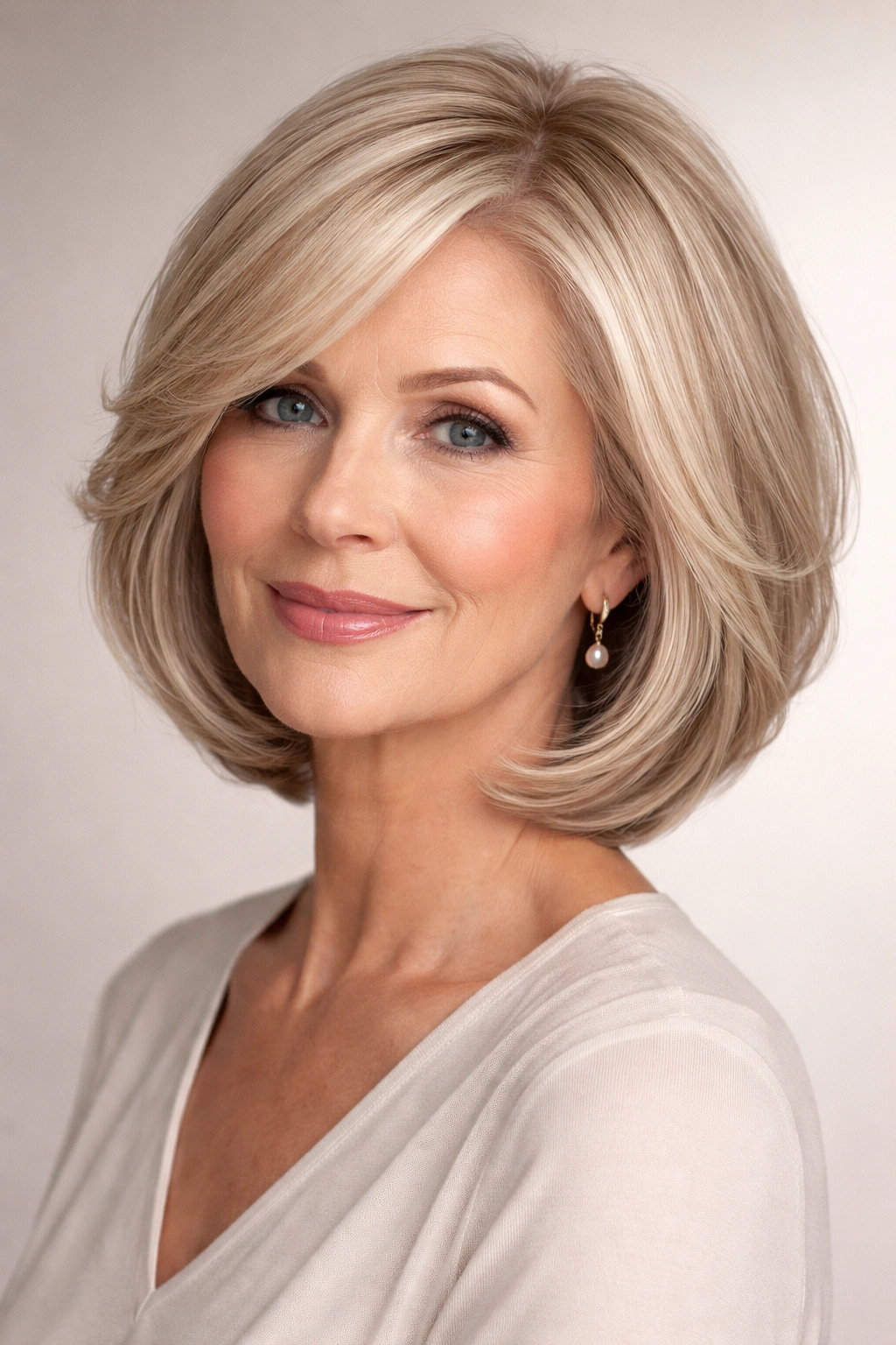 Portrait of a woman in a refined layered bob with volume on fine hair
