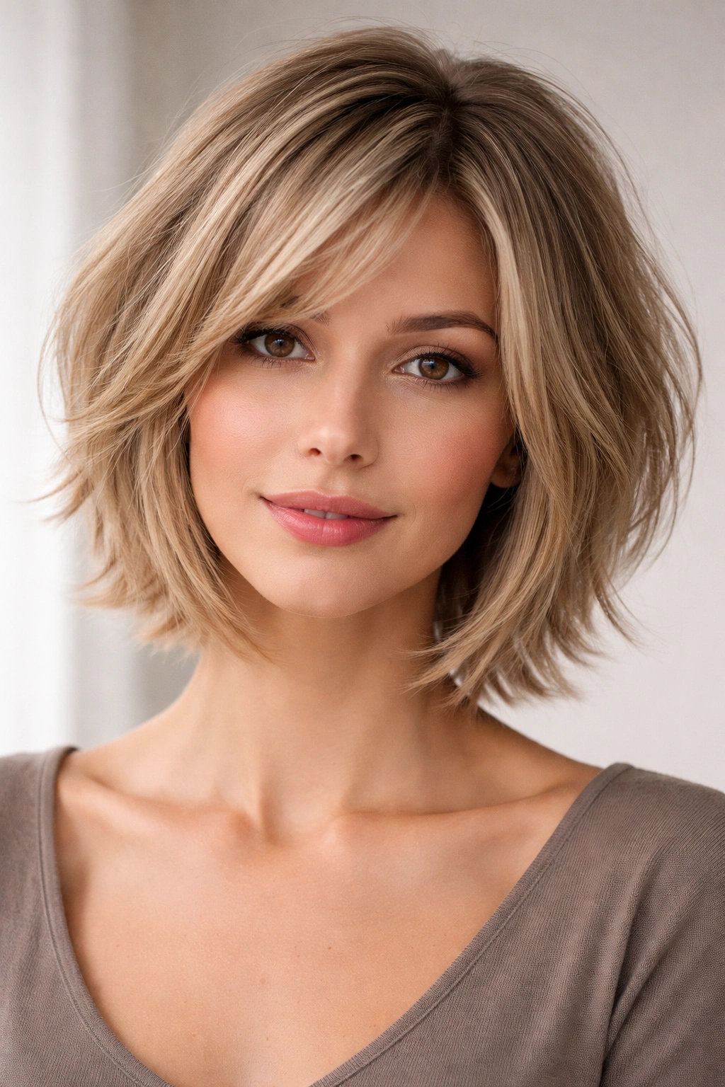 Close-up portrait of a layered bob on fine hair showing volume and texture in a studio setting