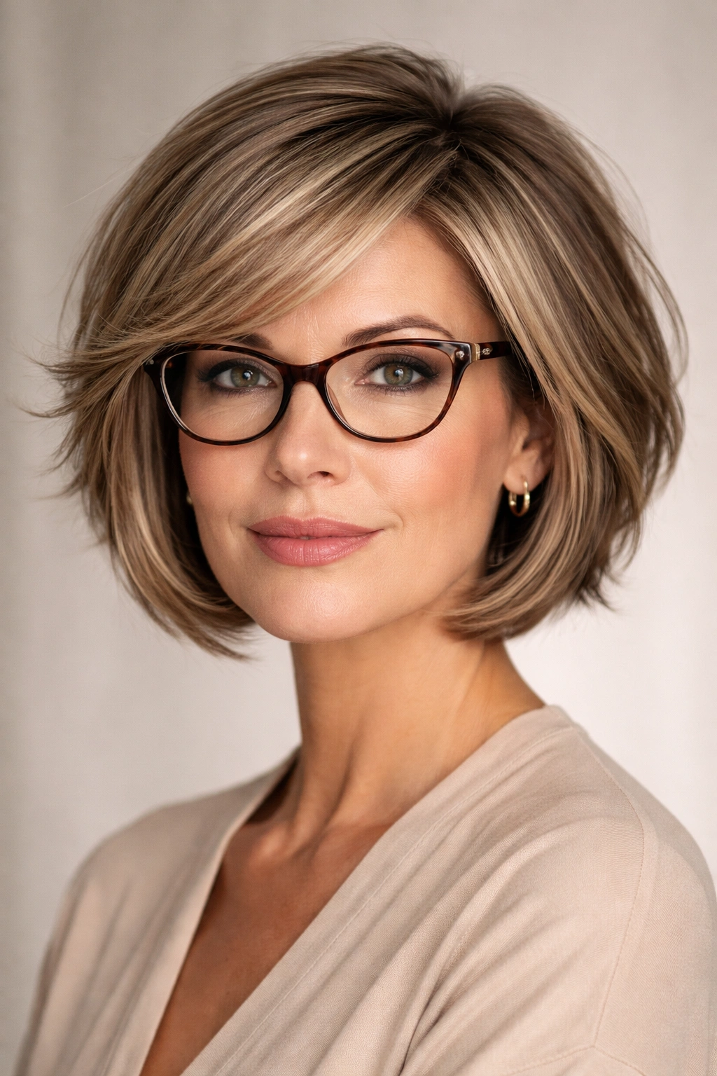 Close-up of layered bob hairstyle with cheekbone-length layers and glasses