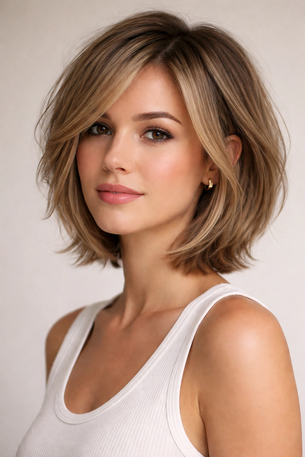 Portrait of a person with a layered bob and face-framing layers