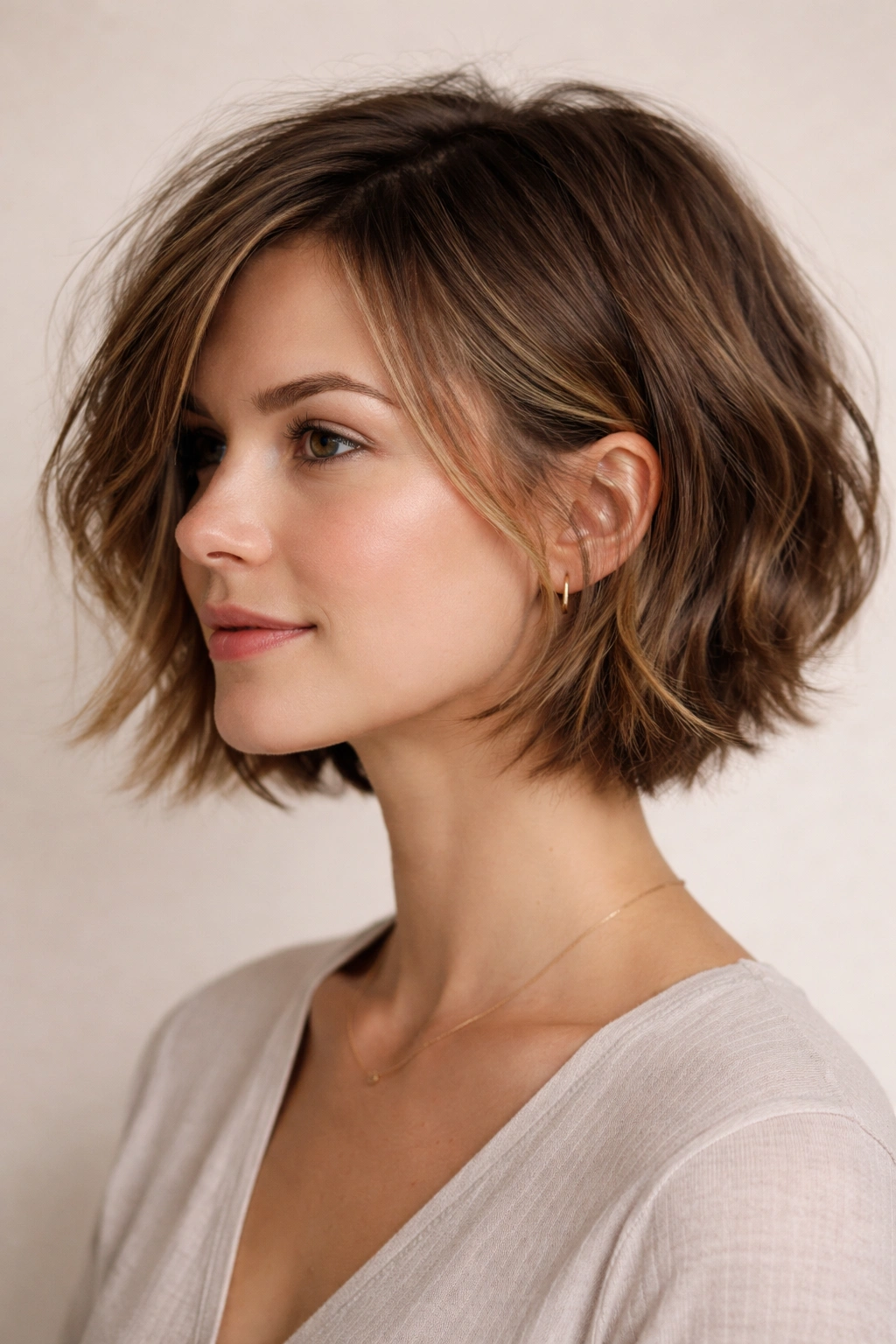 Layered bob hairstyle with crown volume and textured layers