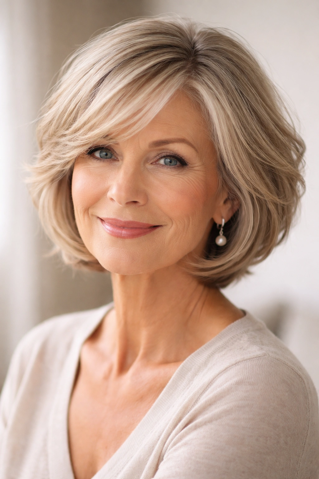 15 Gorgeous Hairstyles For Women Over 65 1 Close-up of a chin-length layered bob with soft movement and light reflection.