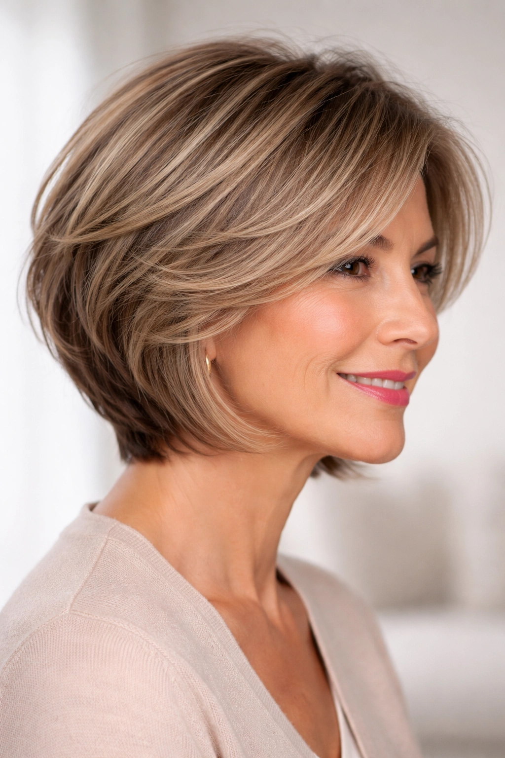 Side-profile of a chin-length layered bob with feathered texture