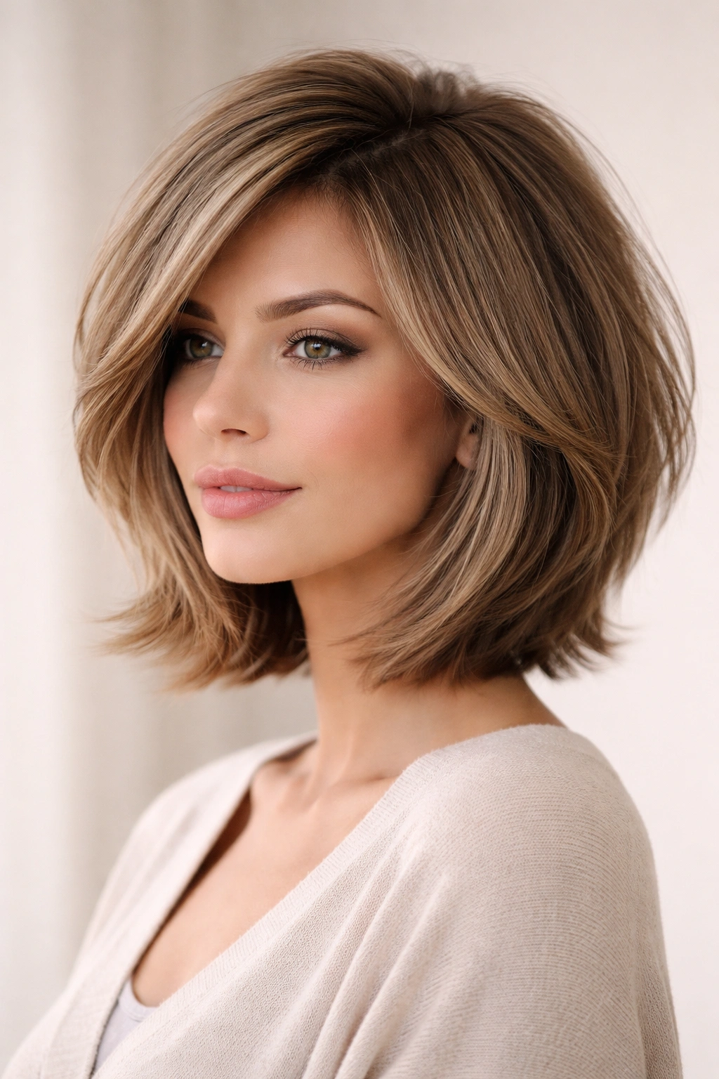 Layered bob hairstyle with face-framing layers