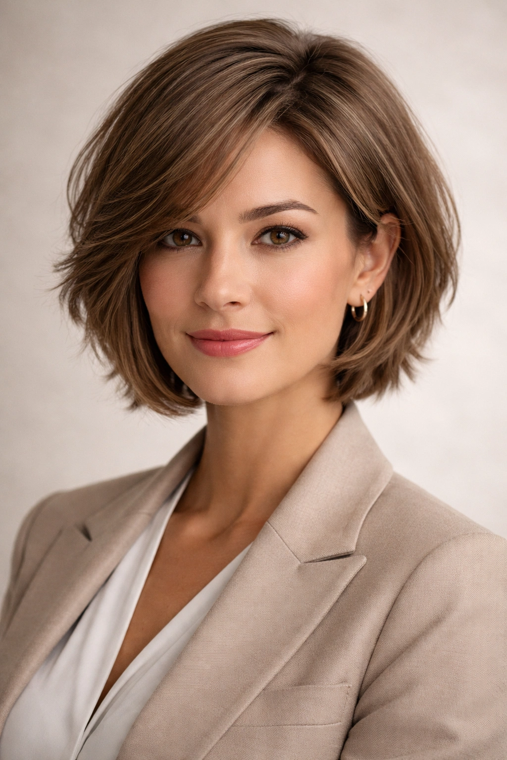 10 Hairstyles For Women In Professional Attire 5 Front view of a chin-length layered bob with textured layers