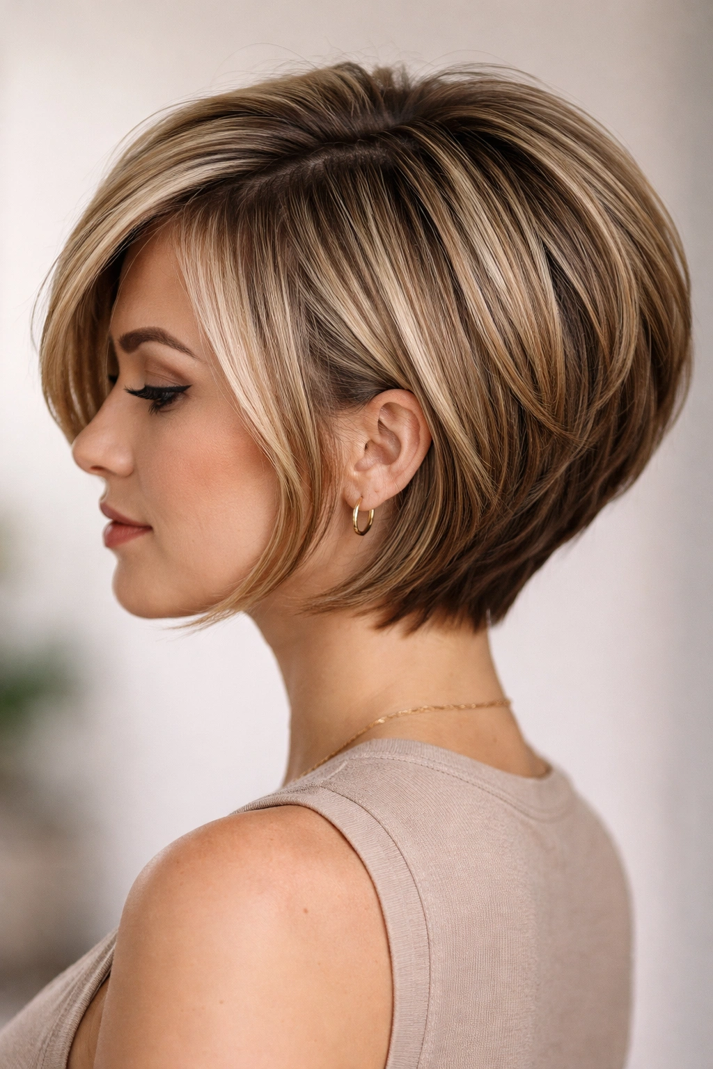 12 Short Stacked Bobs With Lift In The Back 1 Close-up of classic layered stacked bob showing back lift and longer front