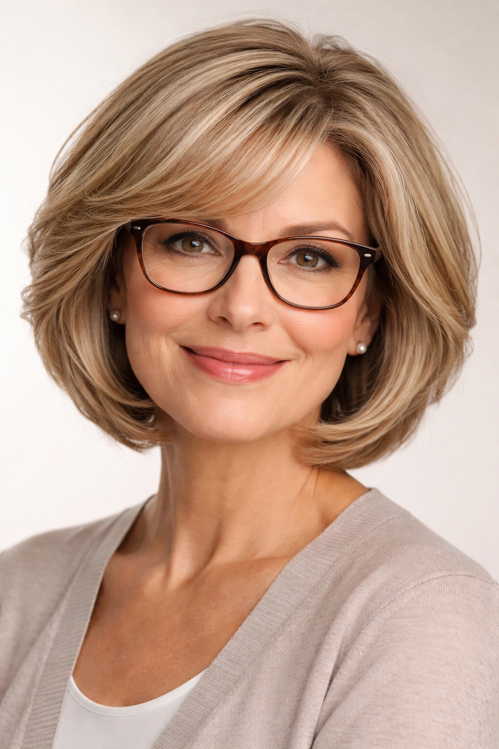 Woman with classic layered bob and glasses