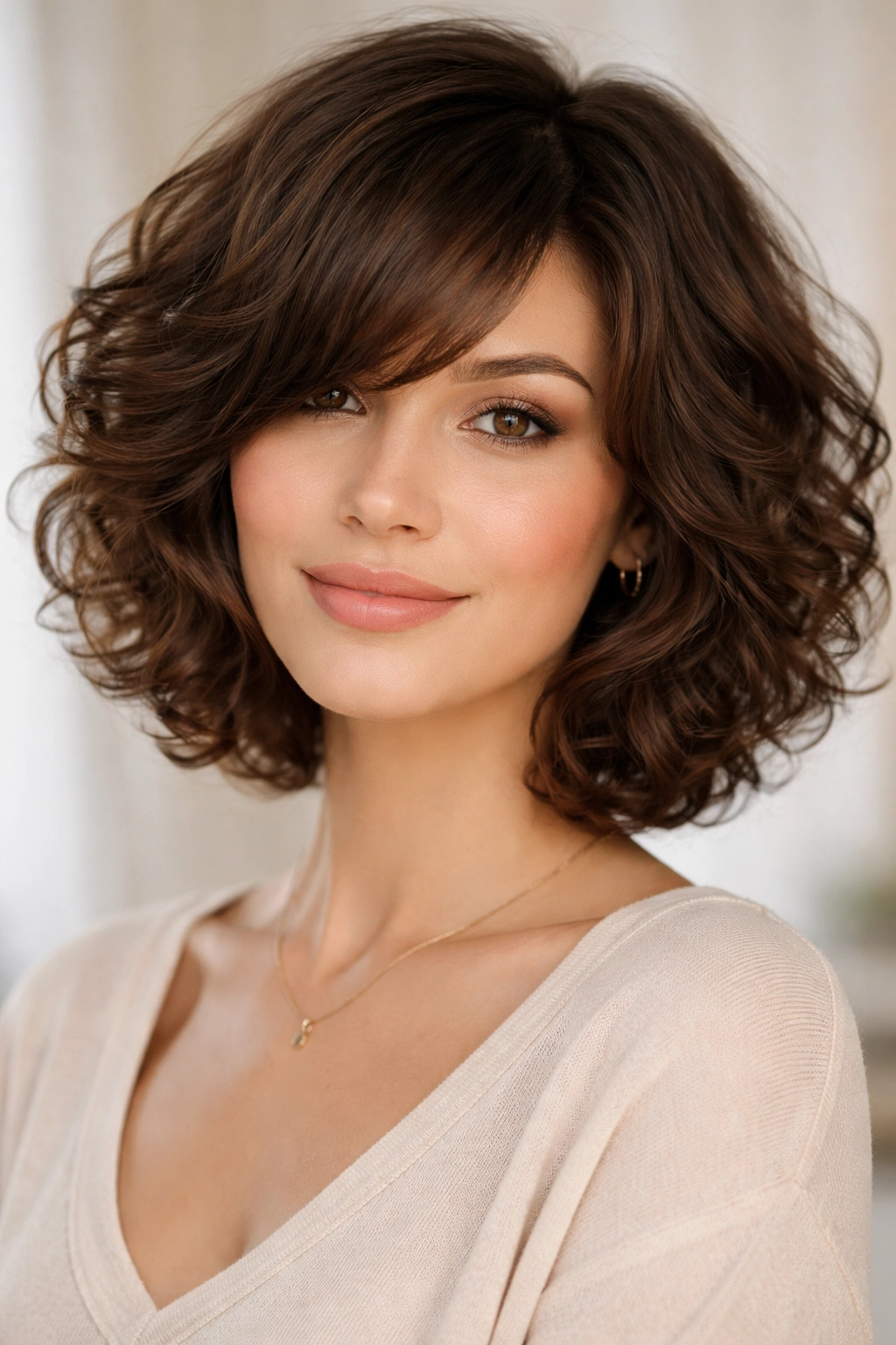 Layered bob with side-swept bangs for heart-shaped face with curly hair