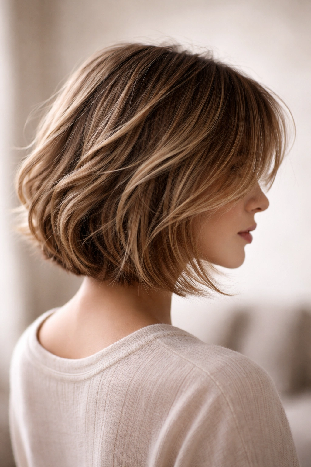 Close-up of a layered bob hairstyle showing natural movement and texture