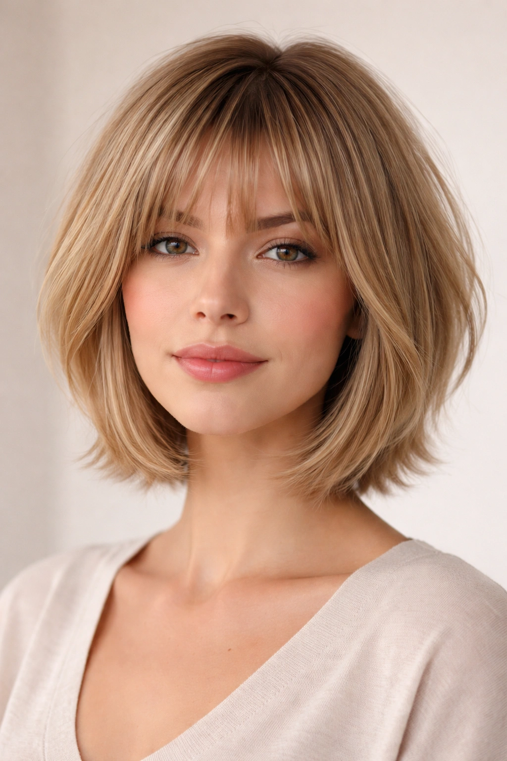 Layered bob with piece-y bangs for thin hair