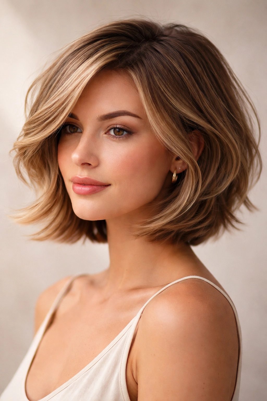 22 Bob Haircuts Flattering On Every Face Shape 6 Close-up portrait of a model with a layered bob showing textured layers.