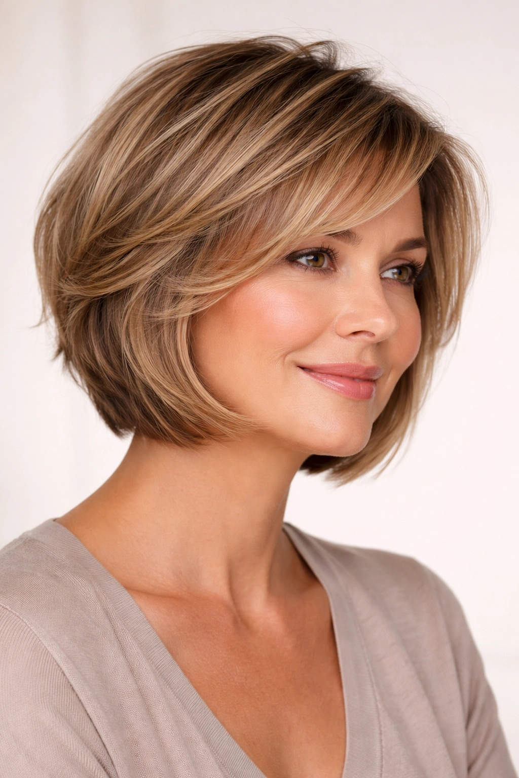Portrait of a 40s-50s woman with layered bob and jaw-length ends