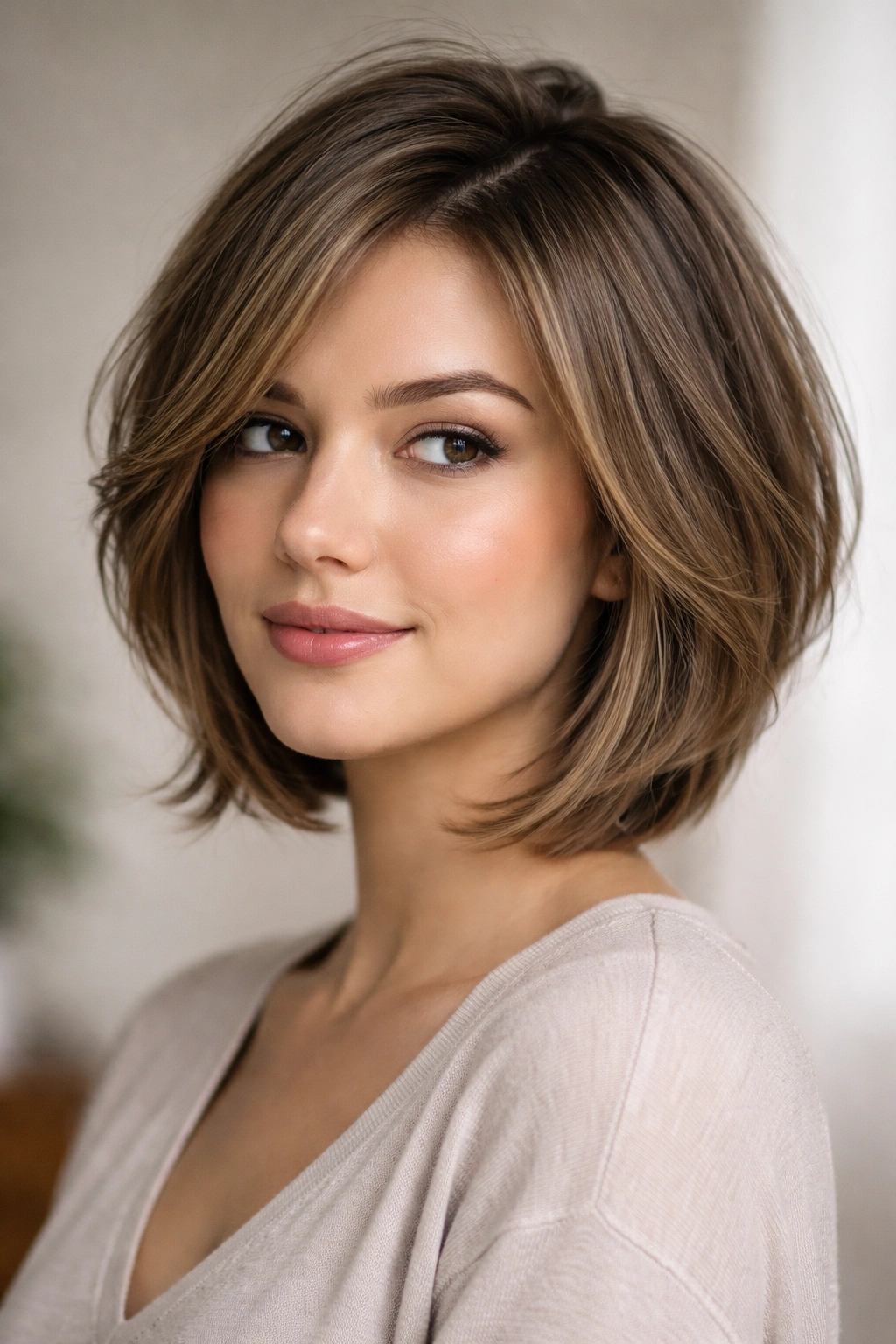 Portrait of layered bob creating definition on a round-faced model