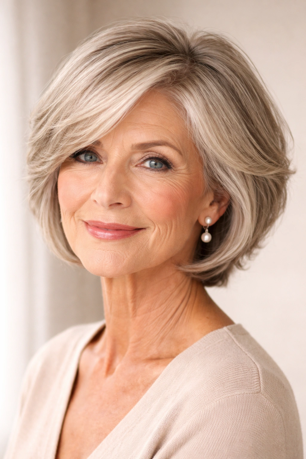 Layered bob with deep side part showing lift and texture on a mature woman.