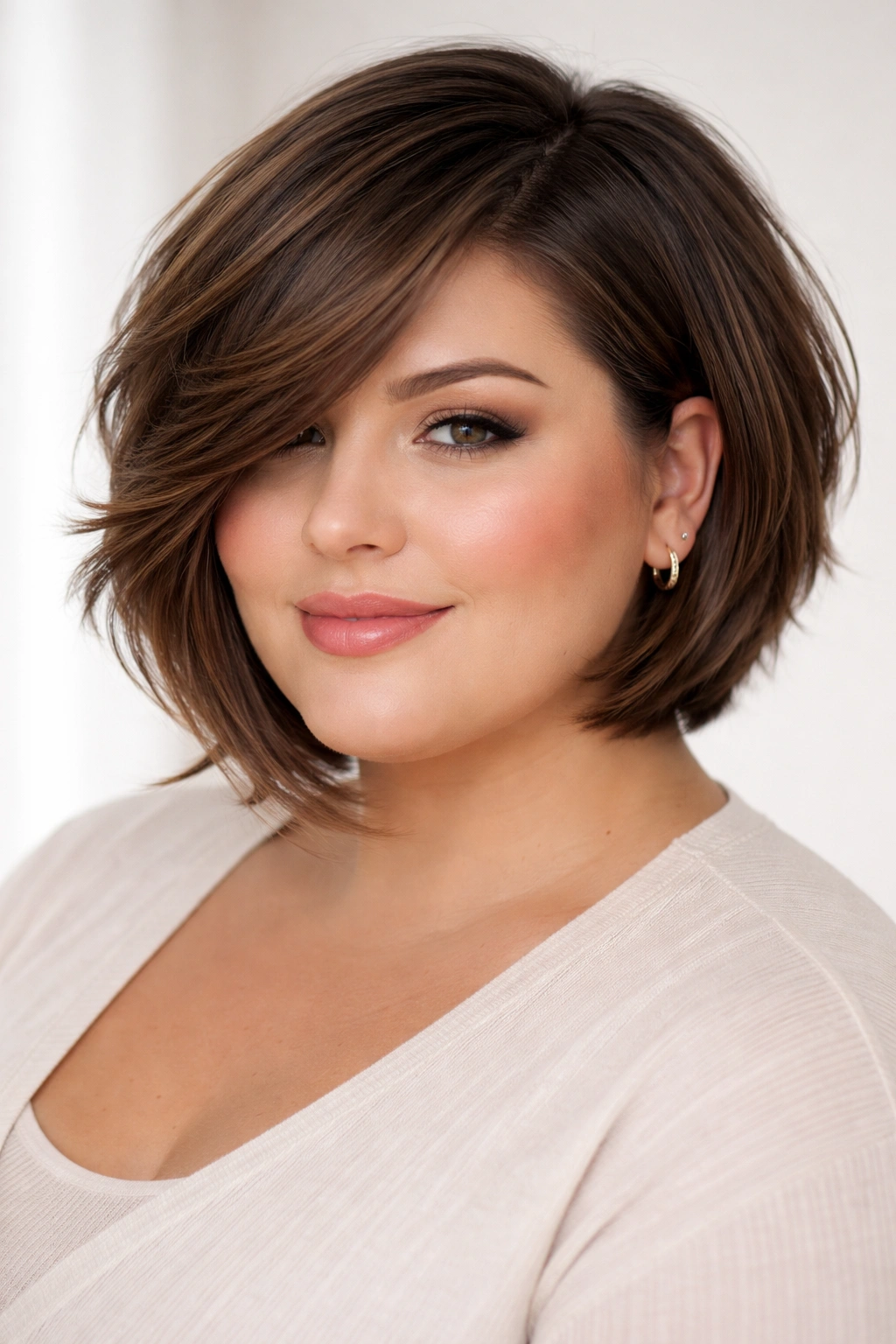 12 Short Haircuts For Plus Size Women With Round Faces 2 Layered bob with side sweep emphasizing movement and dimension on the jawline