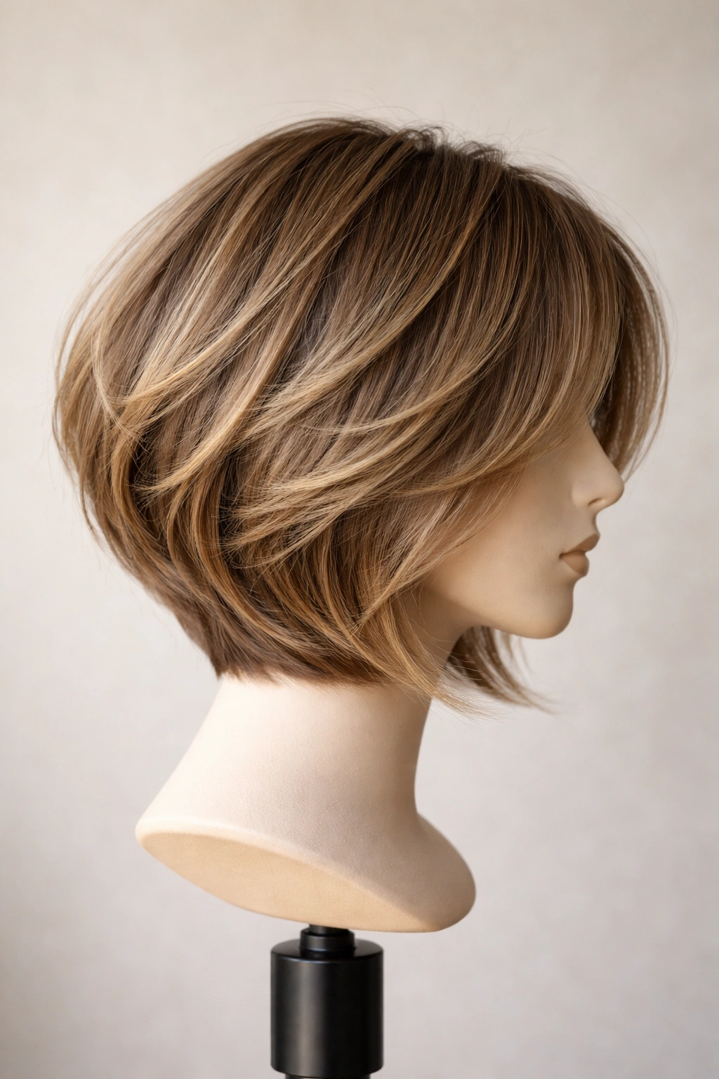 10 Wash And Wear Styles For Effortless Mornings 14 Close-up of a layered textured bob on a mannequin head showing crisp layers