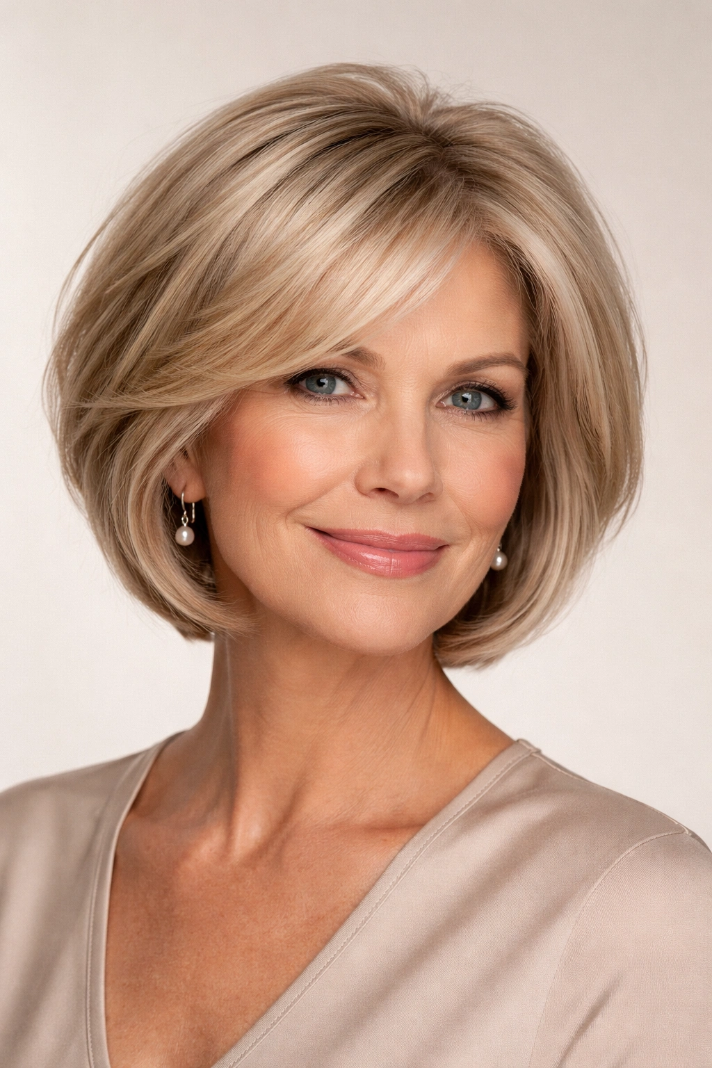 Portrait of a woman with a chin-length layered bob adding dimension to thin hair