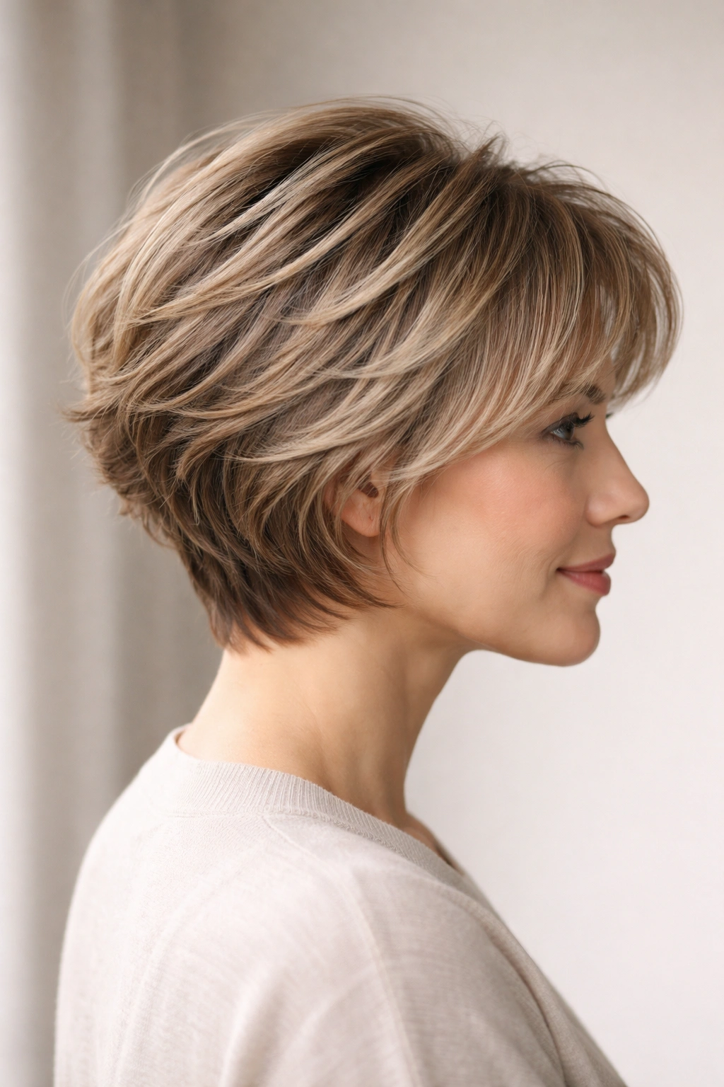 Close-up of layered bob hairstyle showing lift at crown and textured layers.