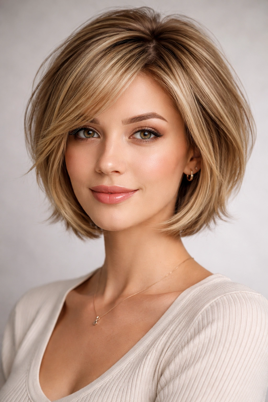 Portrait of a layered bob that builds volume with crown layers.