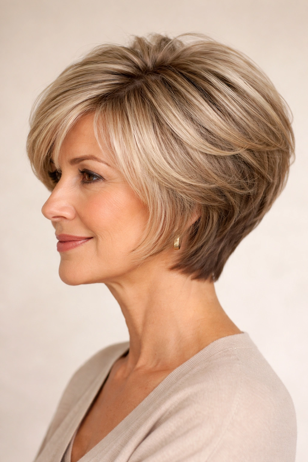 20 Volume Boosting Hairstyles For Older Women 2 Side profile of layered bob with crown lift showing volume at the roots