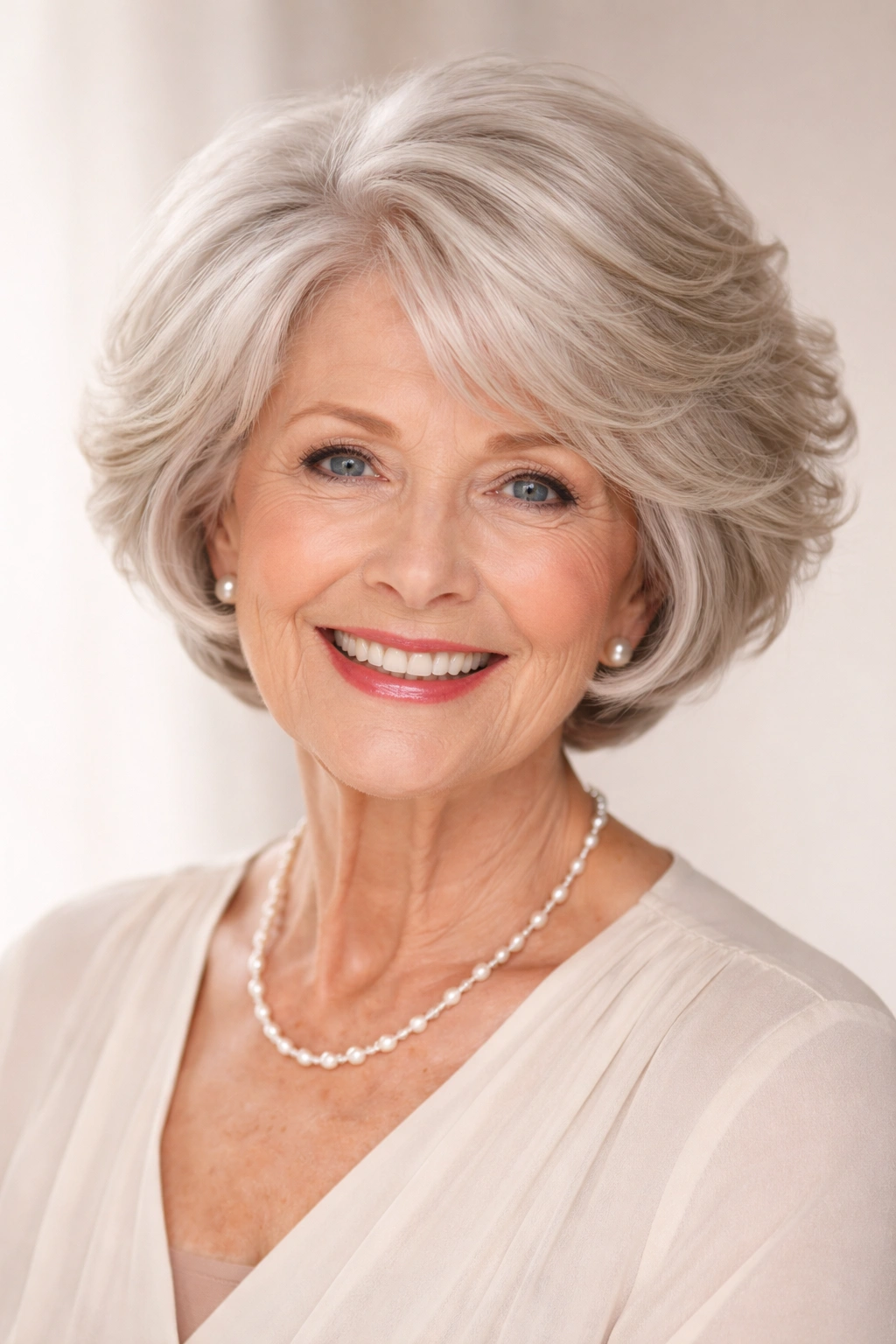 Elderly woman with layered bob for volume showing movement and fullness