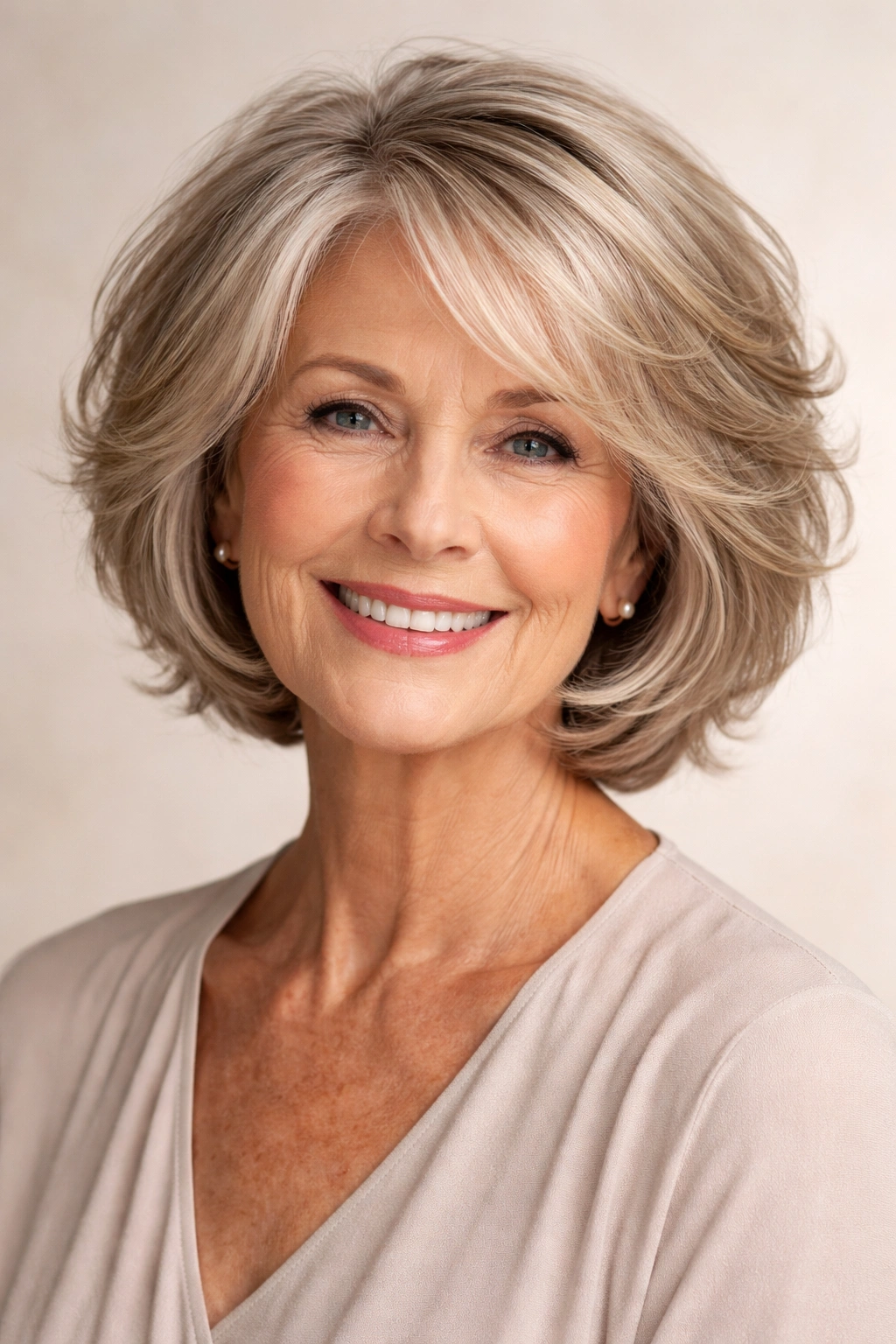 Mature woman with layered bob showing volume and movement