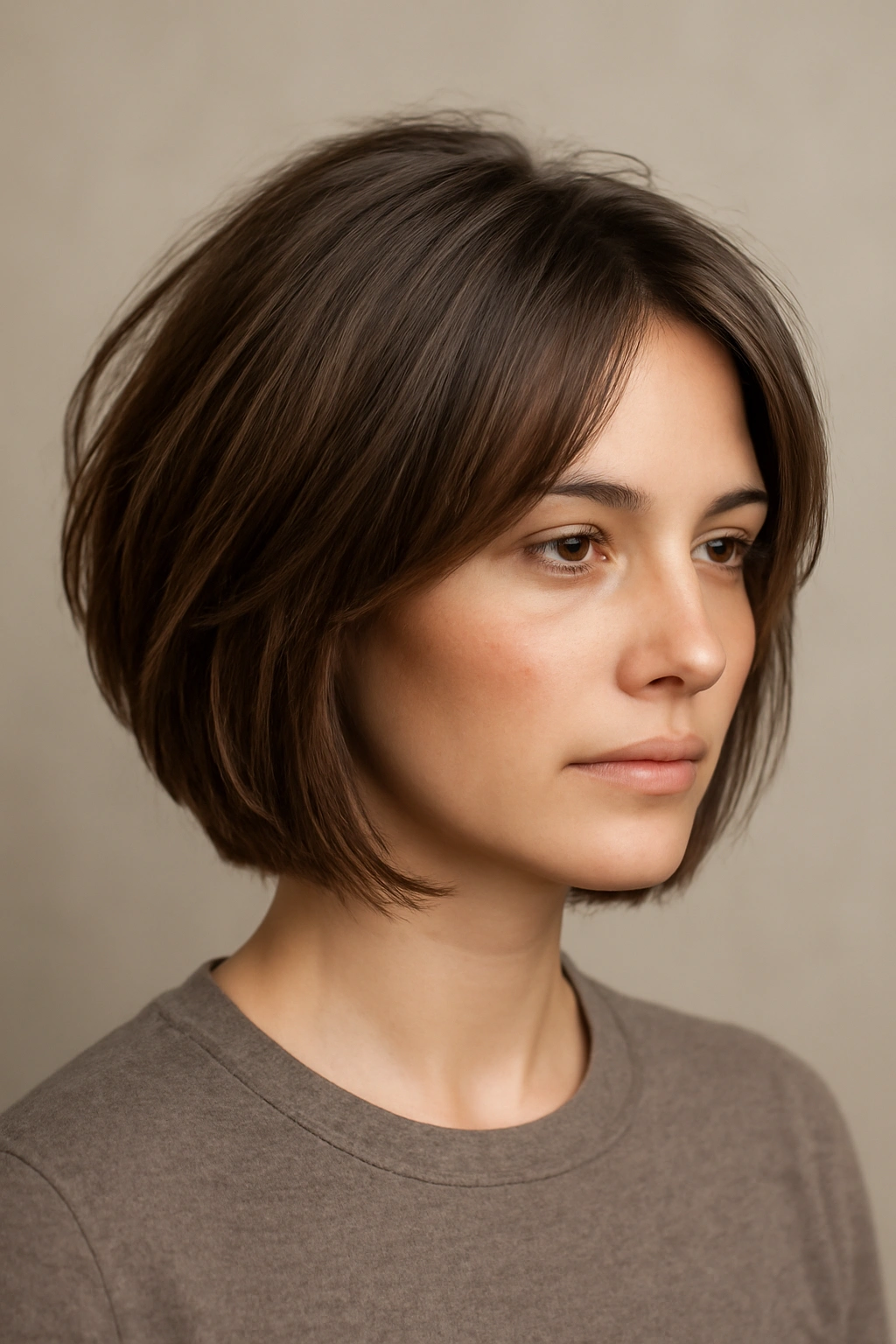 18 Short Bob Cuts For Fine And Thick Hair Alike 3 Close-up portrait of a person with a layered bob showing graduated layers.