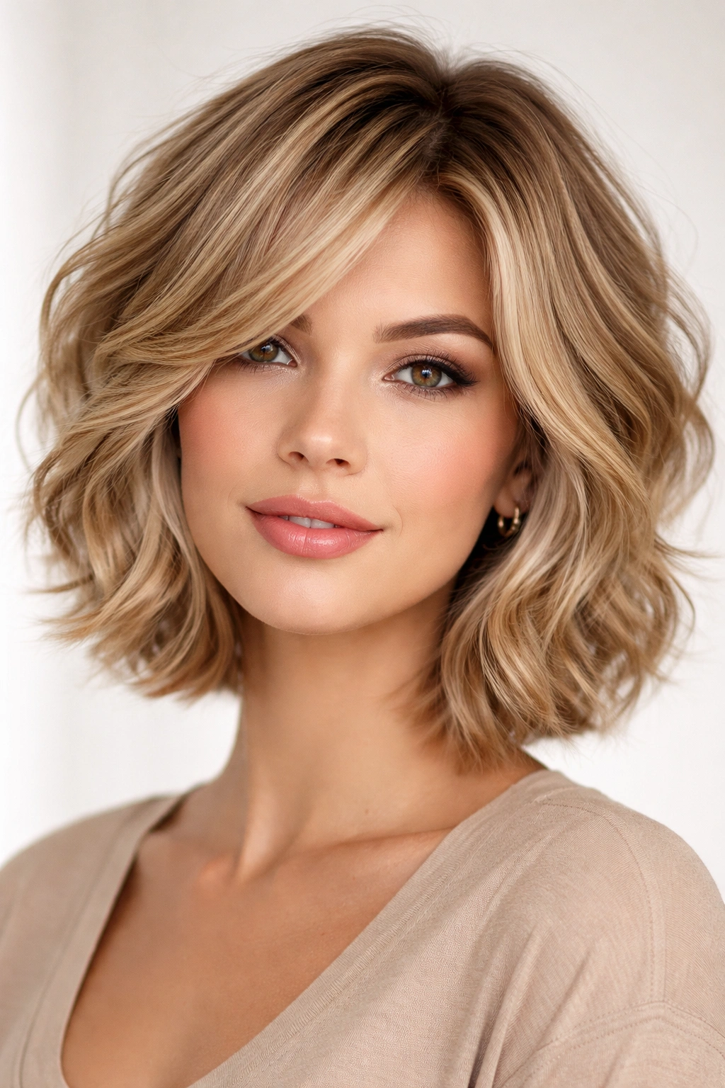 Strategic layered bob with soft waves and volume