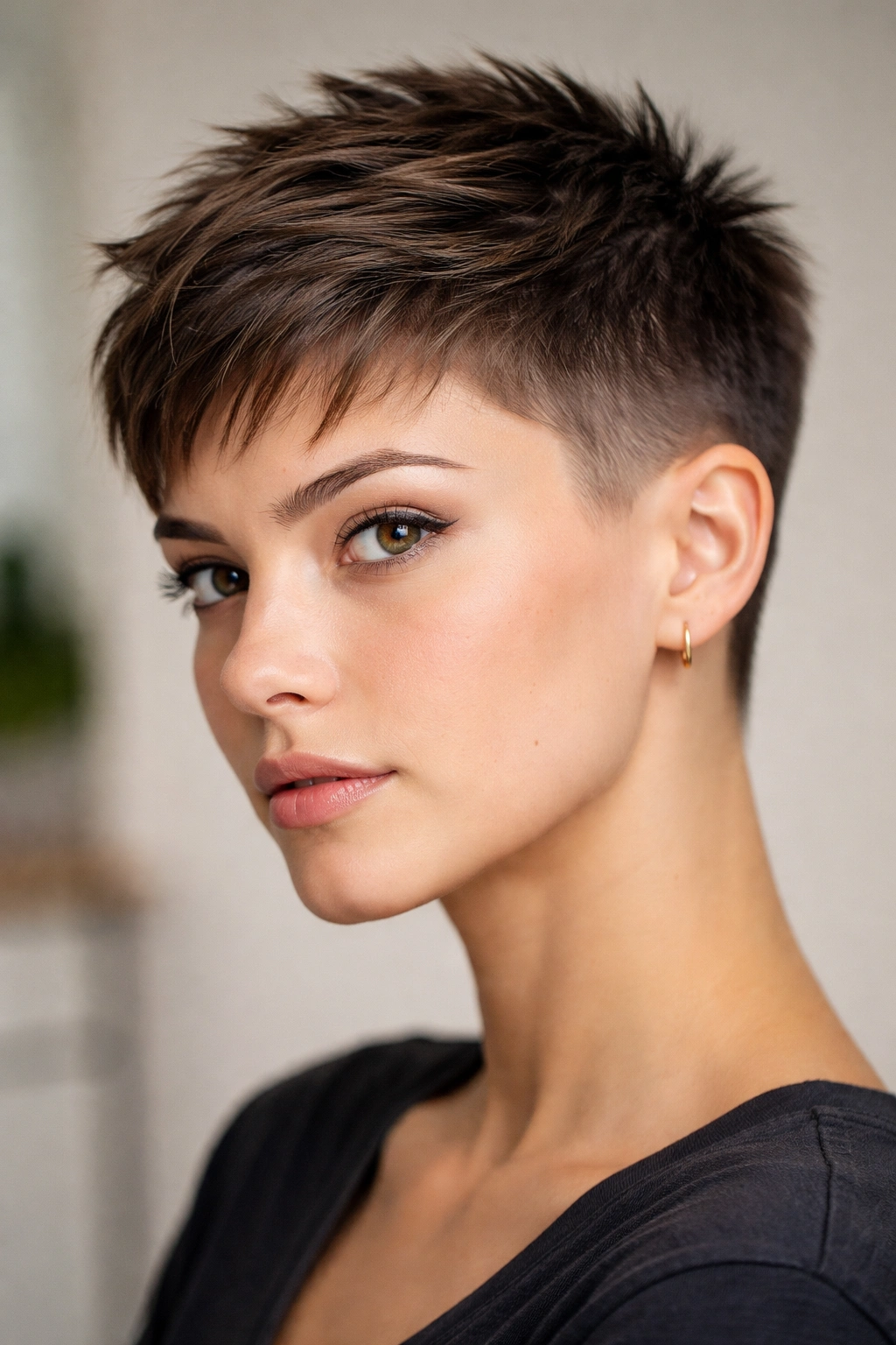 Close-up of layered buzz cut with longer textured top on thick hair