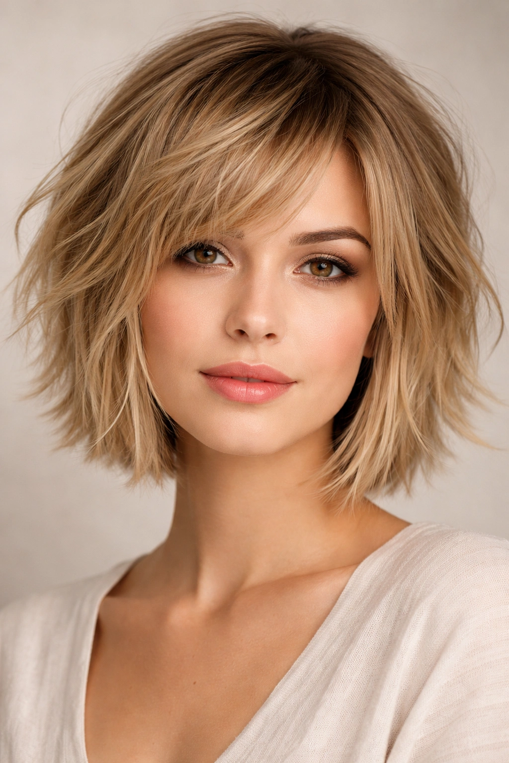 Close-up of layered choppy bob with textured ends.