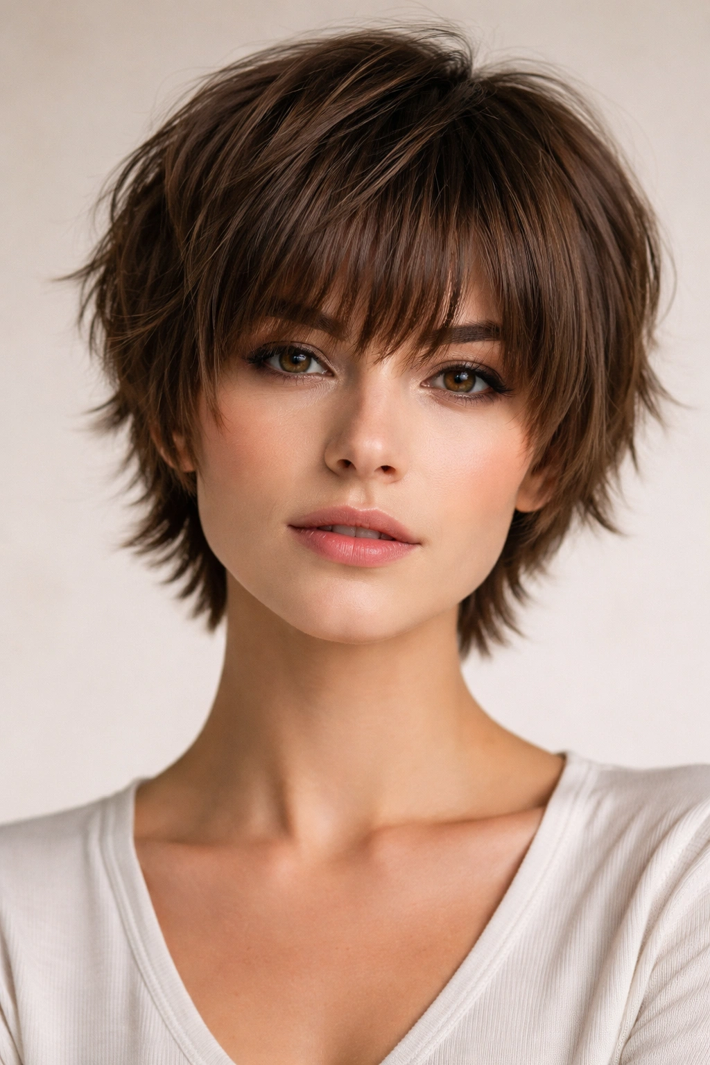 30 Short Haircuts Women Swear By And Rebook 25 Close-up of layered crop with bangs hairstyle showing short crown and long bangs