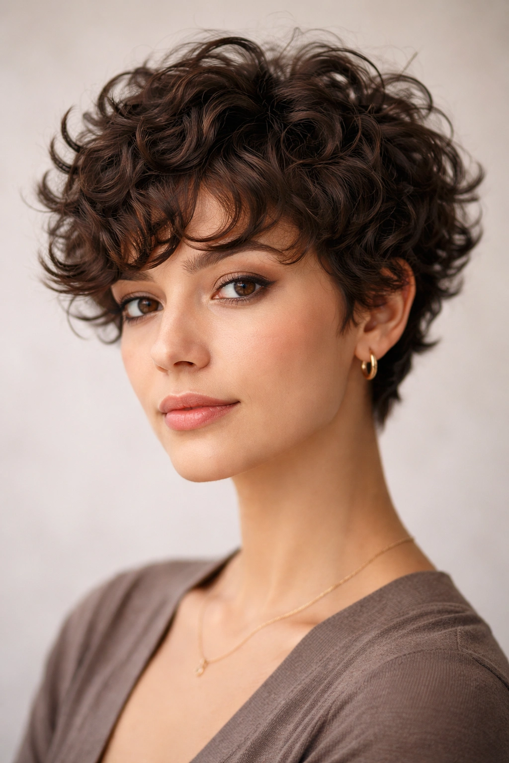 Close-up of a short layered curly crop showing movement and texture.